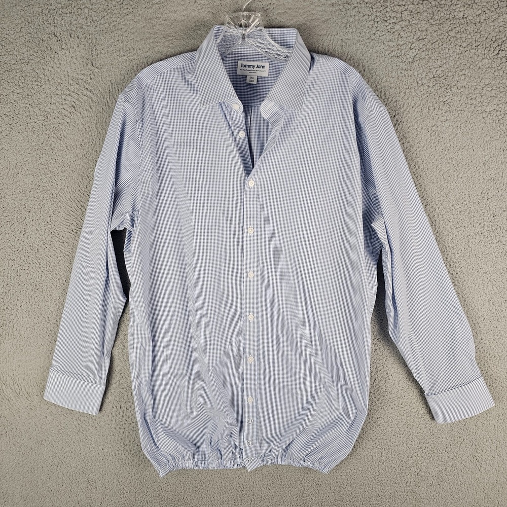 Tommy‎ John Dress Shirt Mens 16.5 Blue Gingham Stay Tucked Classic Fit Button-Up